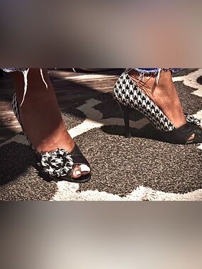 Sacha London Black and White Peep-Toe Pumps with Floral Rosettes
